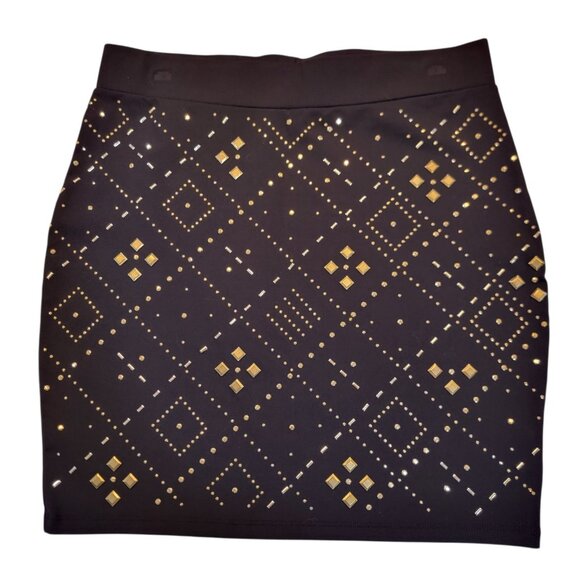 Bebe Black Bandage Skirt Sz L Embellished Gold Studded Career Party Night Out - Picture 1 of 9